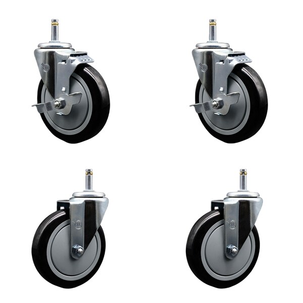 Service Caster 5'' Black Poly Wheel Swivel 7/16'' Grip Ring Stem Caster Set 2 Brakes, 4PK SCC-GR20S514-PPUB-BLK-TLB-716138-2S2 - main
